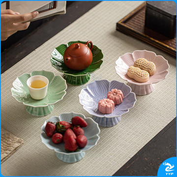 中式复古陶瓷高脚果盘 高脚款莲花小盘 