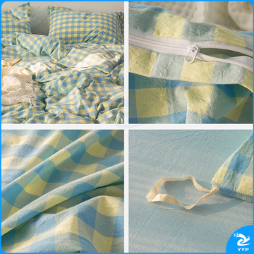 伊伊爱 纯爱水洗棉格子款四件套 TJ0SXM2301954 200*230cm(被套:200*230cm 床单:240*250cm 枕套:48*74cm*2) (宇墨蓝) (全棉/盒)