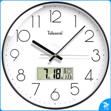 天王星 Telesonic 双日历温度时钟静音挂钟 日历款 Q9726-2 /L1726B 直径35.5CM 14英寸 (钢琴黑)