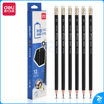 得力S955-HB_黑杆办公皮头HB铅笔(黑)(12支/盒)