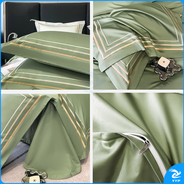 伊伊爱 100S(50S双股)长绒棉刺绣凯悦四件套 TJ0HJC2301983 200*230cm(被套:200*230cm 床单:245*250cm 枕套:48*74cm*2) (牛油果绿) (全棉/盒)