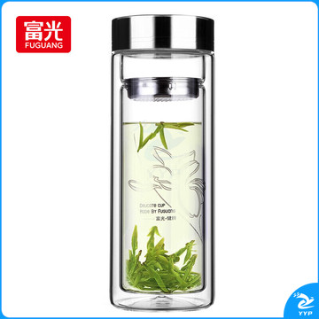 富光双层玻璃杯 高硼硅玻璃泡茶杯子 茶水分离杯 带茶隔商务水杯男士