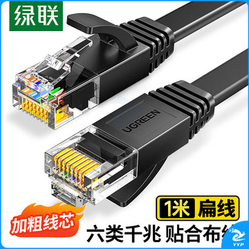 绿联（UGREEN）六类网线 千兆网络宽带线 CAT6类家用电脑监控扁平网线 8芯双绞成品跳线 1米 黑色50173