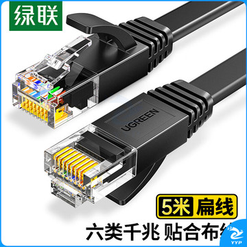 绿联（UGREEN）六类网线 千兆网络宽带线 CAT6类家用电脑监控扁平网线 8芯双绞成品跳线 5米 黑色50176