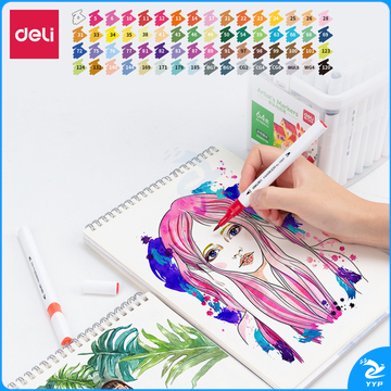 得力70809-64色细三角杆水性软头马克笔(混)(64色/桶)