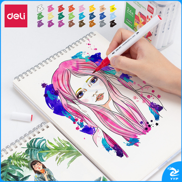 得力70809-24色细三角杆水性软头马克笔(混)(24色/桶) 