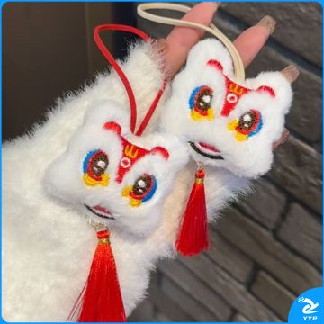 中国风醒狮挂件可爱毛绒新年新年喜庆好运挂饰米绳加红绳2个装