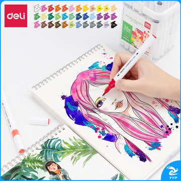 得力70809-36色细三角杆水性软头马克笔(混)(36色/桶)