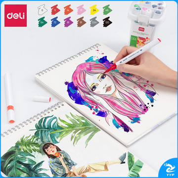 得力70809-12色细三角杆水性软头马克笔(混)(12色/桶)