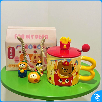 法式薯条小熊马克杯带盖勺水杯牛奶杯男女生情侣杯陶瓷杯子大容量