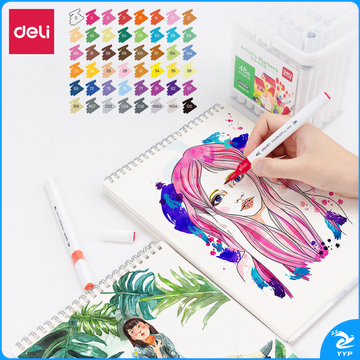 得力70809-48色细三角杆水性软头马克笔(混)(48色/桶)