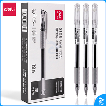 得力S108办公中性笔0.5mm加强型针管黑(黑)(支)  12支/盒