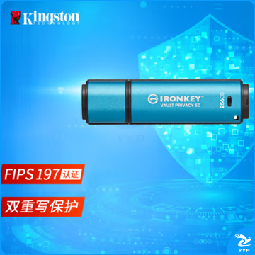 金士顿（Kingston）256GB USB3.2 Gen1 U盘 IKVP50 256位AES专业硬件金属加密 双重写保护 读速高达250MB/s  