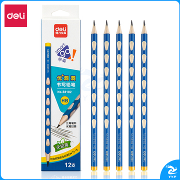 得力58182_12支彩盒装HB洞洞铅笔(混)(12支/盒)。