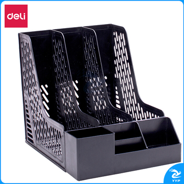 得力(deli)三联带笔筒收纳桌面文件框 多功能镂空文件栏/文件框/资料筐 办公用品 黑色78980