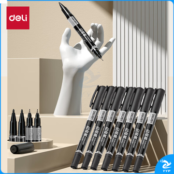 得力 S831 书写用笔类用具 粗细双头物流记号笔 儿童学生勾线笔12支/盒 黑色