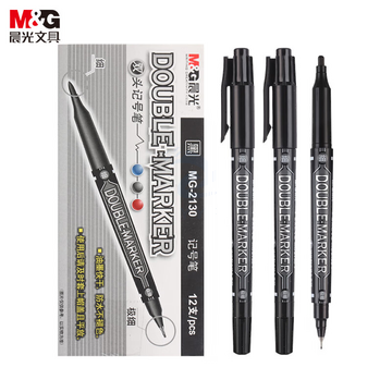 晨光(M&G)文具 黑色粗细双头记号笔 防水马克笔油性笔 儿童学生勾线笔升级装 12支MG2130