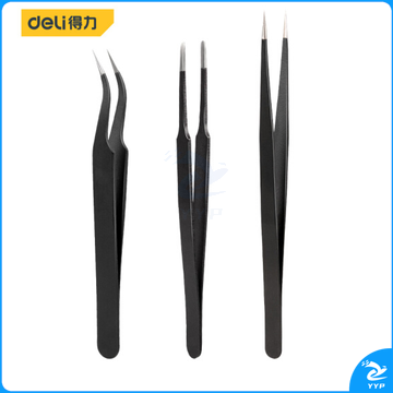 得力DL396003 不锈钢镊子3件套 弯头镊子+平头镊子+尖头镊子