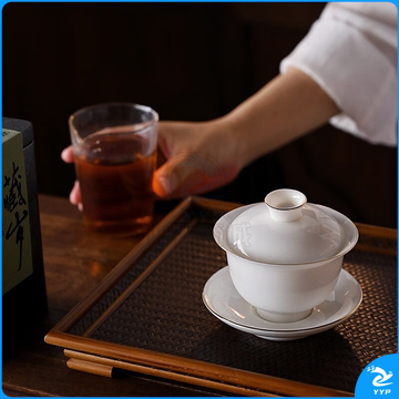 豪峰 羊脂玉单品羊脂玉描金盖碗简装