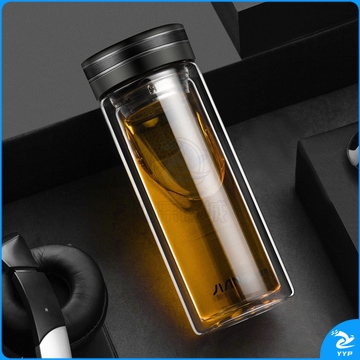 富光   玻璃杯双层大容量男女车载便携健牌过滤耐高温泡茶杯 黑色 (380ML)